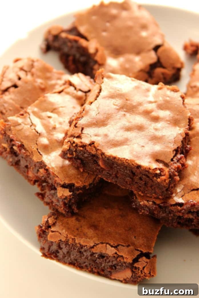 Homemade Fudge Brownies on white plate.