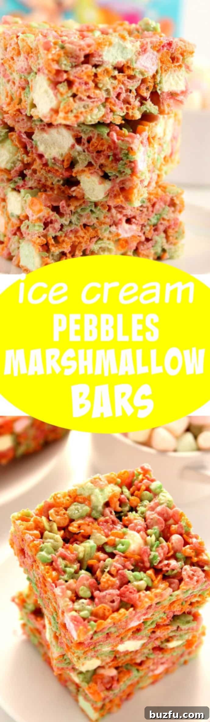 A large serving of Ice Cream Pebbles Marshmallow Cereal Bars, showcasing the quantity and irresistible appeal.