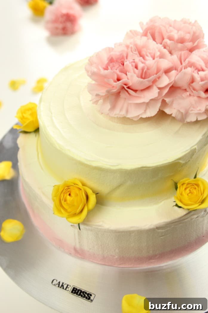 Lemon Raspberry Ombre Layer Cake - An Impressive Dessert for Special Occasions Stunning Lemon Raspberry Ombre Layer Cake with tiered structure, vibrant ombre frosting, and fresh floral decorations, ideal for elegant celebrations.