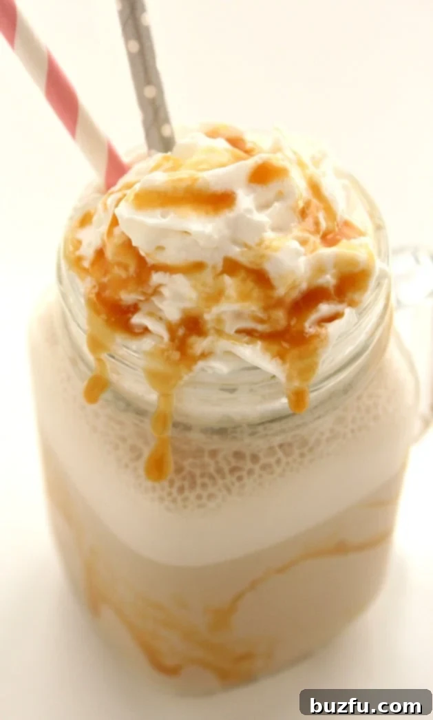 Easy Homemade Salted Caramel Frappuccino 4 Another view of the homemade salted caramel frappuccino, garnished beautifully.