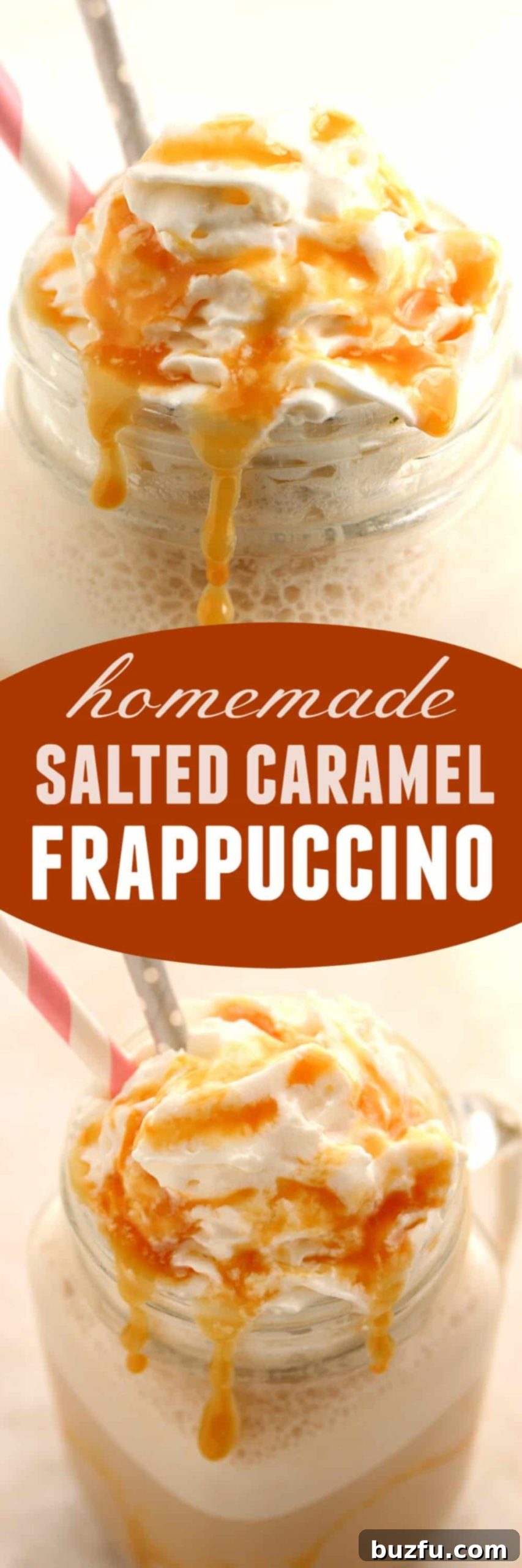 Easy Homemade Salted Caramel Frappuccino 6 Overhead shot of a homemade salted caramel frappuccino with a straw, ready to be enjoyed.