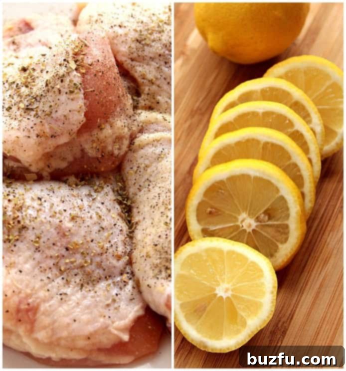 Raw chicken thighs and fresh lemon slices.