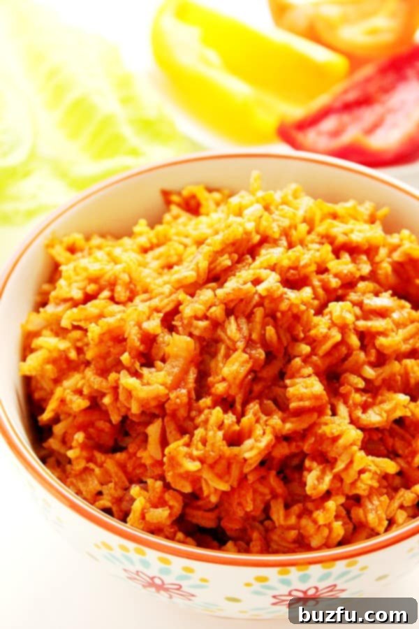Spanish rice in a bowl with red rim, ready to be served.