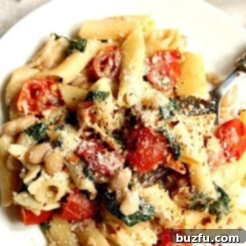 Skillet Pasta with Vegetables on a white plate.