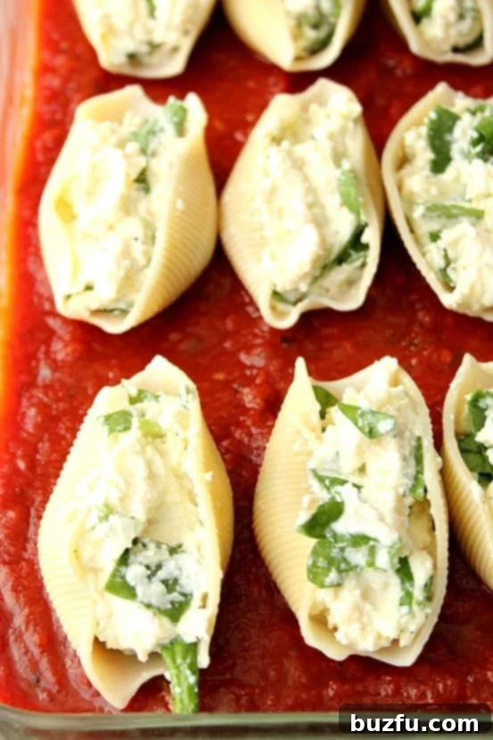 Stuffed pasta shells cooking in a glass baking dish, simmering in rich red sauce.