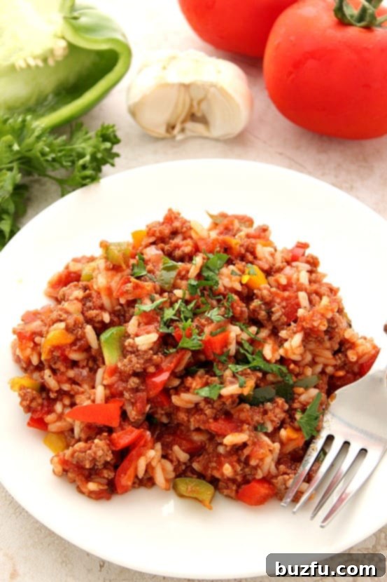 A vibrant Stuffed Pepper Rice Skillet recipe with ground beef, colorful peppers, and rice, presented as a family-friendly, quick dinner solution.