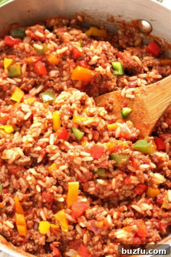 A close-up shot of the Stuffed Pepper Rice Skillet, showcasing the rich texture and vibrant colors of the ingredients, ready to be served.