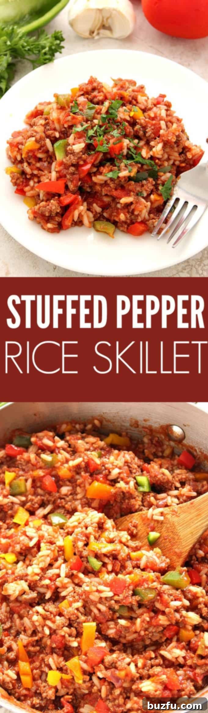 A Pinterest-optimized image for the Stuffed Pepper Rice Skillet recipe, designed to encourage sharing and saving the recipe.