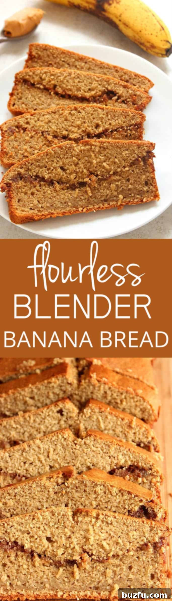 A Pinterest-friendly image for Peanut Butter Banana Blender Bread, featuring a sliced loaf and ingredients.