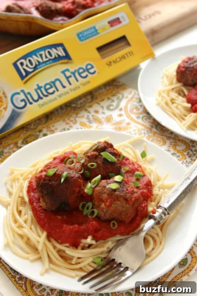 Ronzoni Gluten Free Spaghetti with Lean Turkey Meatballs Close-up of a bowl of Ronzoni Gluten Free Spaghetti with turkey meatballs and sauce.