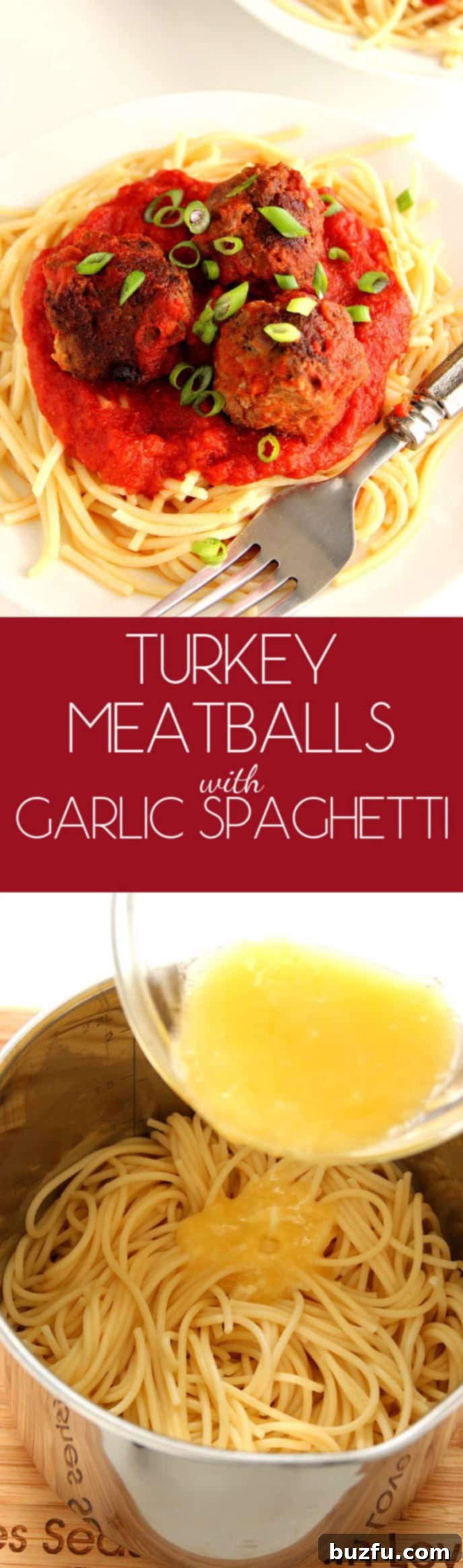 Pin This Healthy Gluten-Free Meatball Pasta Recipe Pinterest pin graphic for Turkey Meatballs with Garlic Spaghetti recipe, showing the finished dish.