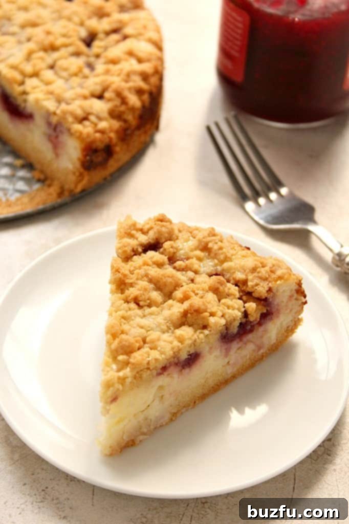 Raspberry Coconut Sour Cream Crumb Pie Recipe - sweet and creamy coconut filling with tarty raspberry jam, all under a buttery crunchy crumb topping. This pie is easy and absolutely delicious! Another beautiful shot of the Raspberry Coconut Sour Cream Crumb Pie, showcasing its vibrant layers and irresistible crumb topping.