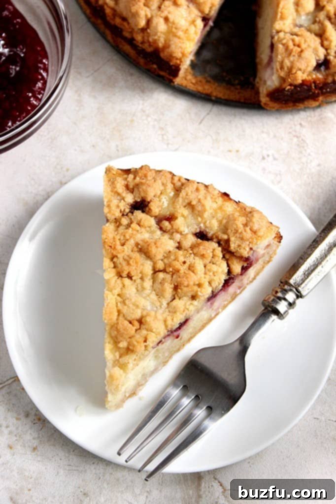 Raspberry Coconut Sour Cream Crumb Pie Recipe - sweet and creamy coconut filling with tarty raspberry jam, all under a buttery crunchy crumb topping. This pie is easy and absolutely delicious! A close-up view of the Raspberry Coconut Sour Cream Crumb Pie, emphasizing its golden-brown crumb and creamy interior.