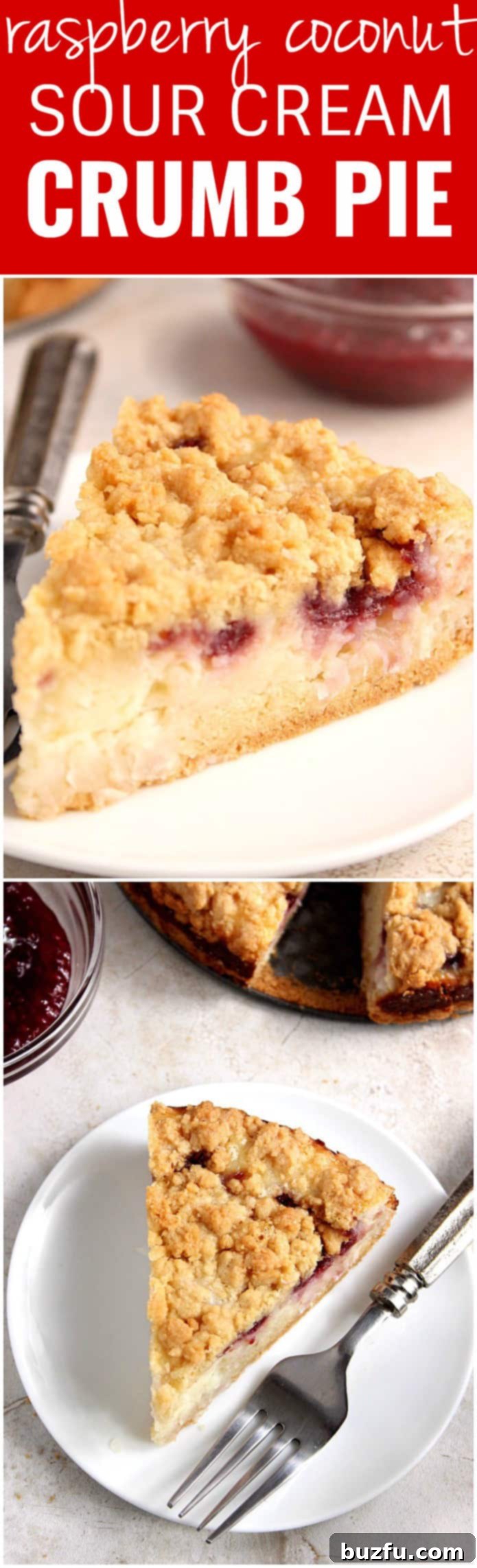 Raspberry Coconut Sour Cream Crumb Pie Recipe - sweet and creamy coconut filling with tarty raspberry jam, all under a buttery crunchy crumb topping. This pie is easy and absolutely delicious! A large, tempting Raspberry Coconut Sour Cream Crumb Pie on a cooling rack, ready to be sliced and served.