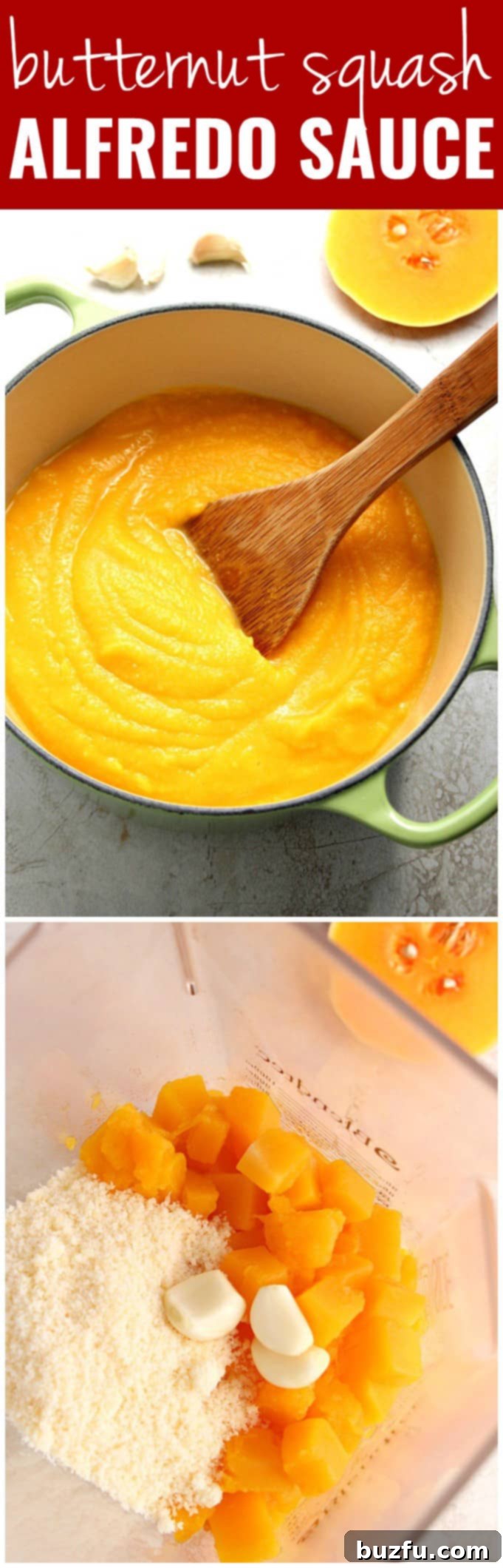 Photo collage showcasing various stages and serving suggestions for Butternut Squash Alfredo Sauce.