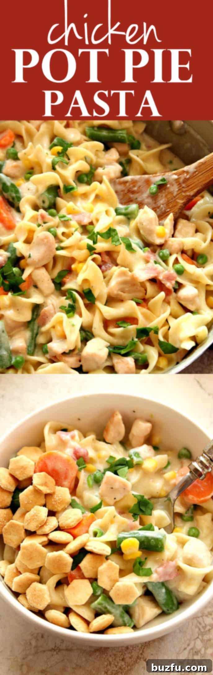 Photo collage for Chicken Pot Pie Pasta recipe post, featuring various angles and close-ups of the dish, including the skillet and plated servings.