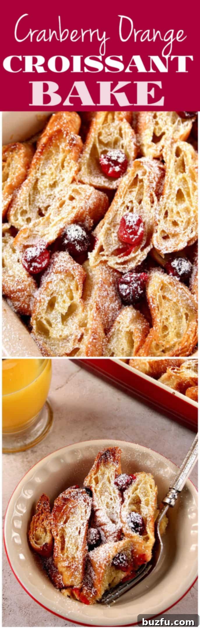 Serve this festive Orange Cranberry Croissant Bake for a memorable holiday breakfast or brunch. A slice of Orange Cranberry Croissant Bake on a plate, showing the fluffy croissant texture, set custard, and cranberries, ready to be enjoyed.