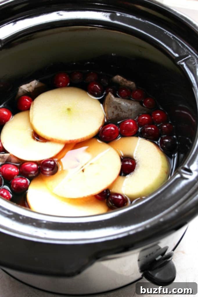 Easy Slow Cooker Apple Cranberry Tea for Holiday Gatherings Close-up shot of Apple Cranberry Slow Cooker Tea, showcasing the vibrant colors of apples and cranberries.