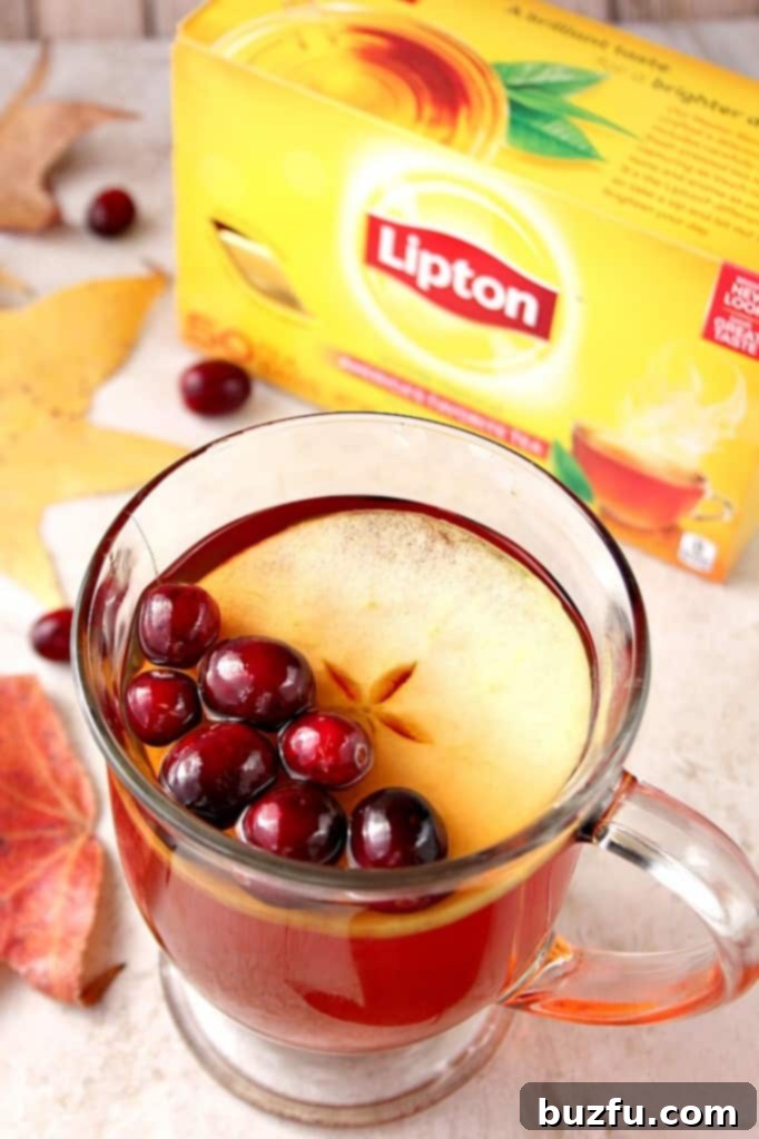 Slow Cooker Apple Cranberry Tea: A Family-Friendly Recipe Overhead view of a slow cooker filled with Apple Cranberry Tea, showing sliced apples and whole cranberries.