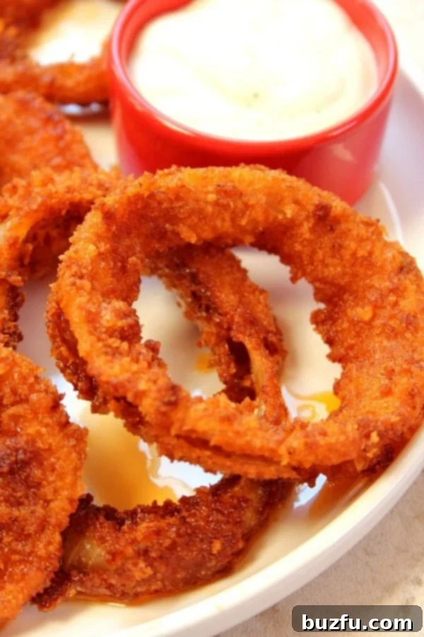 Zesty Buffalo Onion Rings 2 Crispy Buffalo Onion Rings served with a side of cool ranch dipping sauce, perfect for an appetizer.