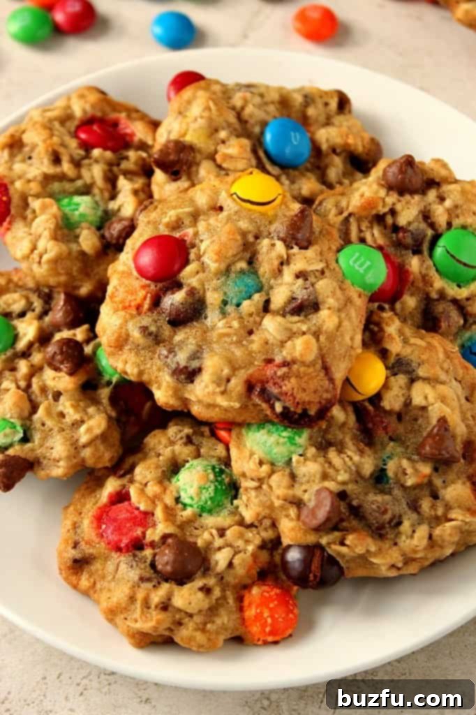 A close-up of oatmeal cookies with chocolate chips and M&M's on a plate, highlighting their texture and vibrant colors.