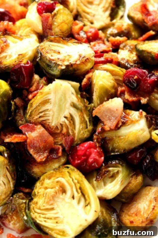 Bacon Cranberry Roasted Brussels Sprouts close up.