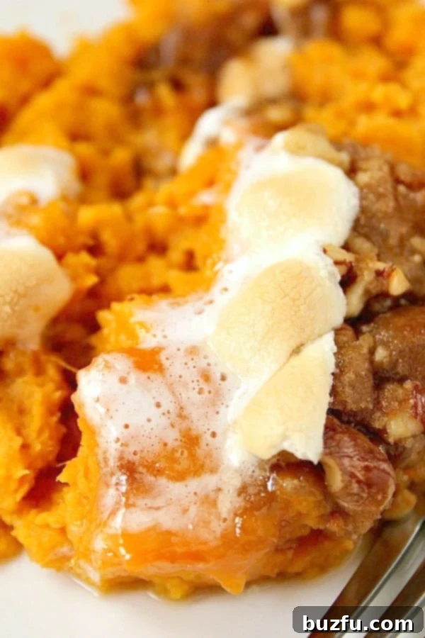 A close-up view of Sweet Potato Casserole in a baking dish, showcasing the rich base, crunchy praline, and fluffy marshmallows.