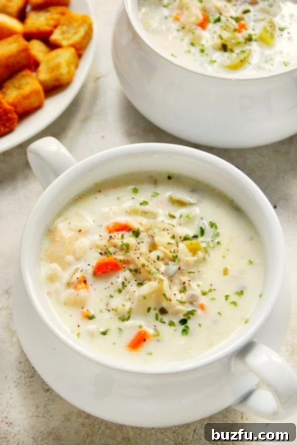A heartwarming bowl of Slow Cooker Chicken Wild Rice Soup, garnished with fresh herbs, ready to be enjoyed.