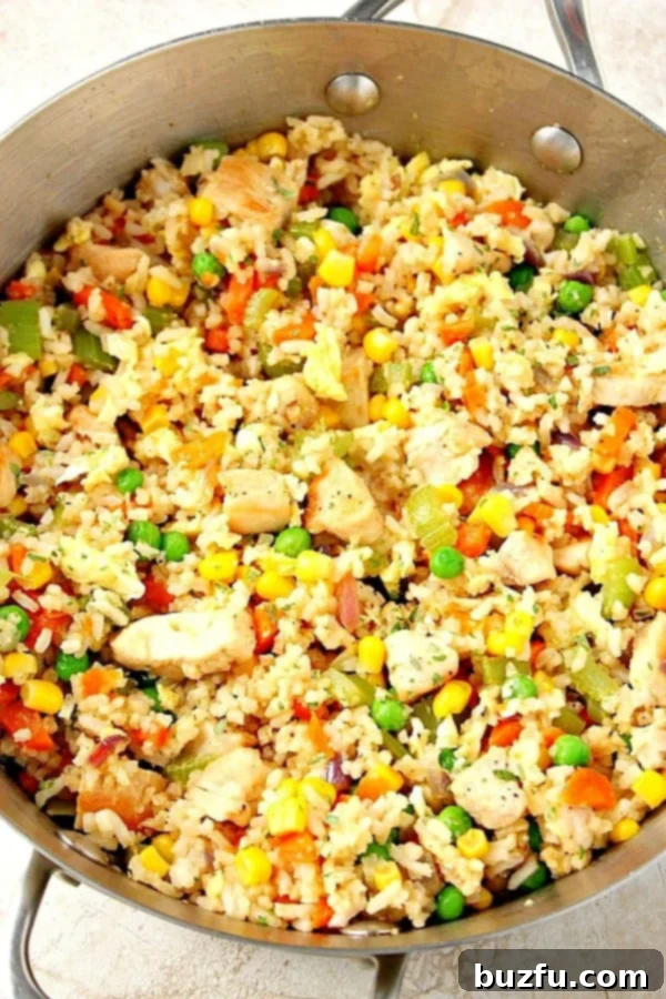 Overhead shot of fried rice in skillet.