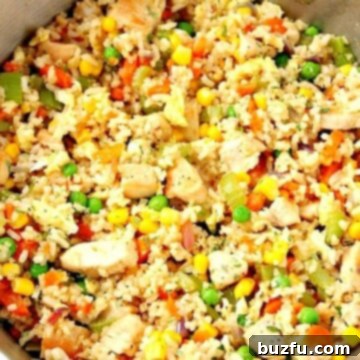 Fried rice in stainless steel skillet.