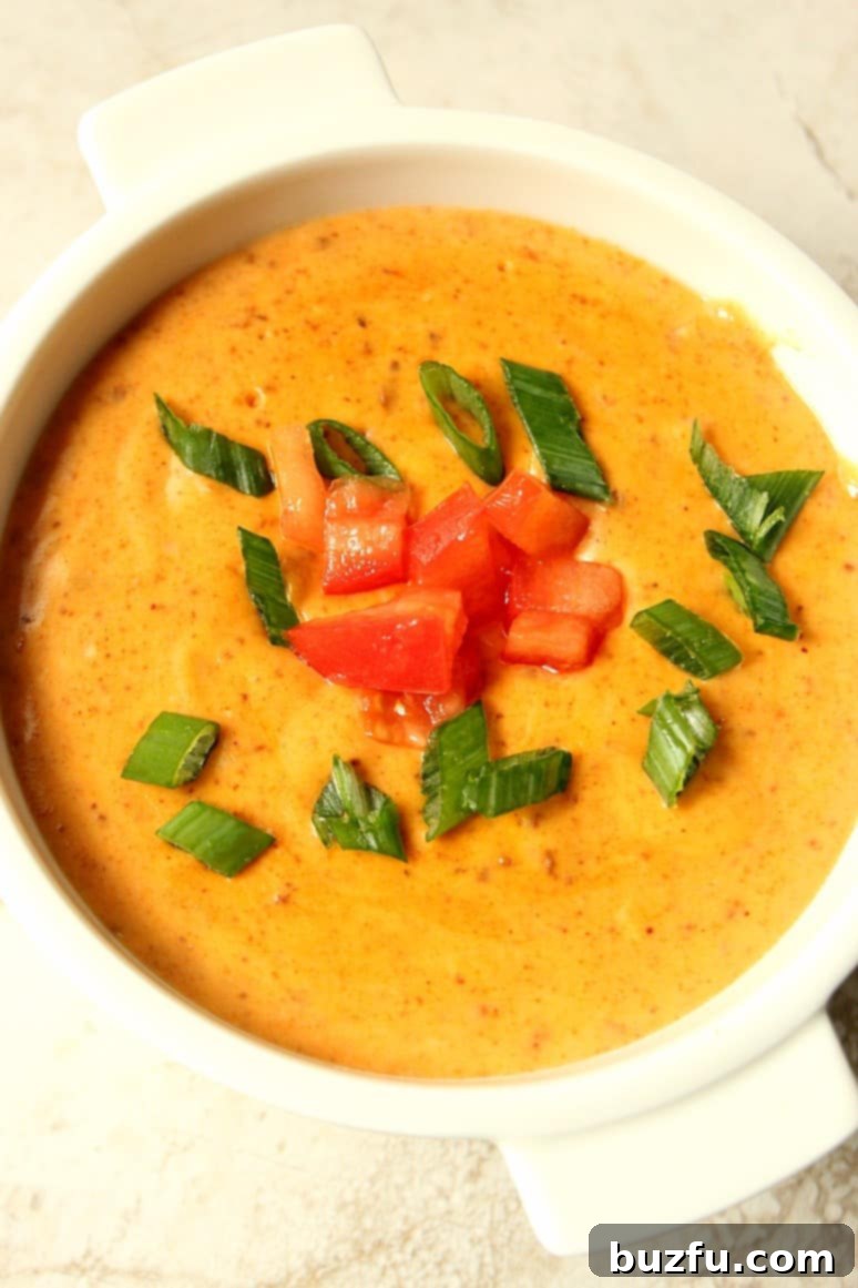 Chili queso dip in a white bowl.