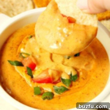 Queso dip in white bowl with dipped tortilla chip.