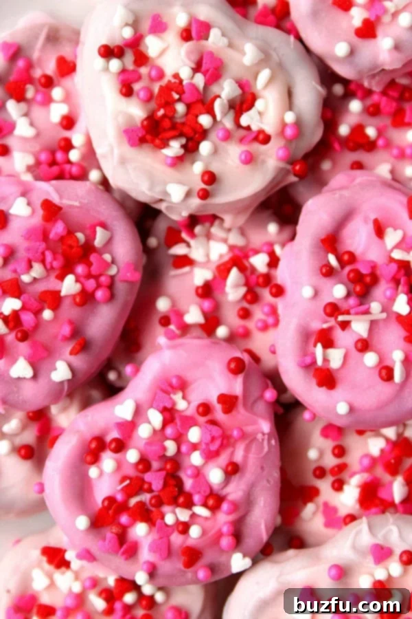 Delicious Chocolate Pretzel Hearts - Easy, No-Bake Valentine's Day Dessert Pile of Pink Chocolate Pretzel Hearts, decorated with red and pink sprinkles.