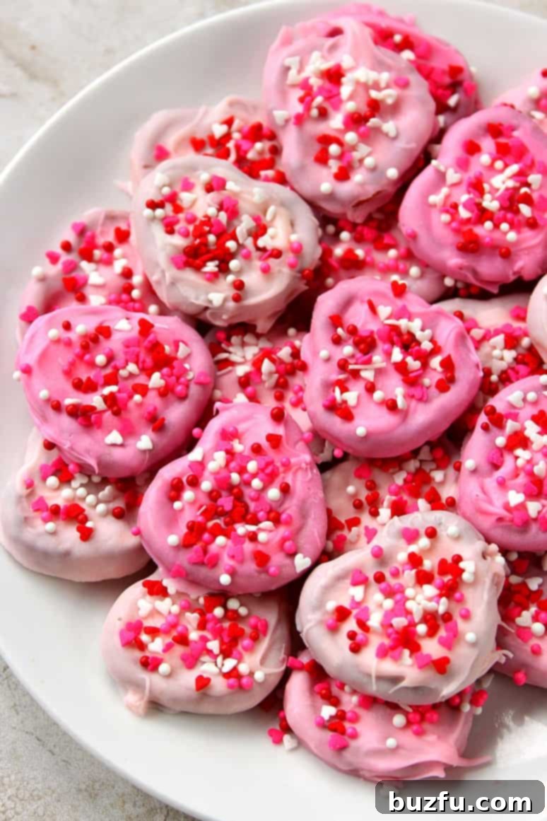 Homemade Chocolate Pretzel Hearts for Valentine's Day Close-up of a hand holding a pink chocolate-covered pretzel heart.