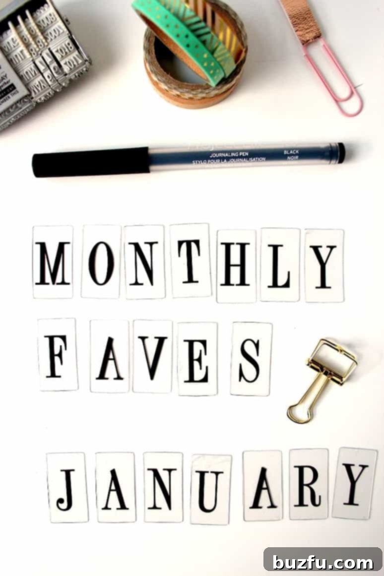 Collection of favorite products for January 2017 on a rustic wooden surface, featuring a planner, pasta, beauty product, and mugs.