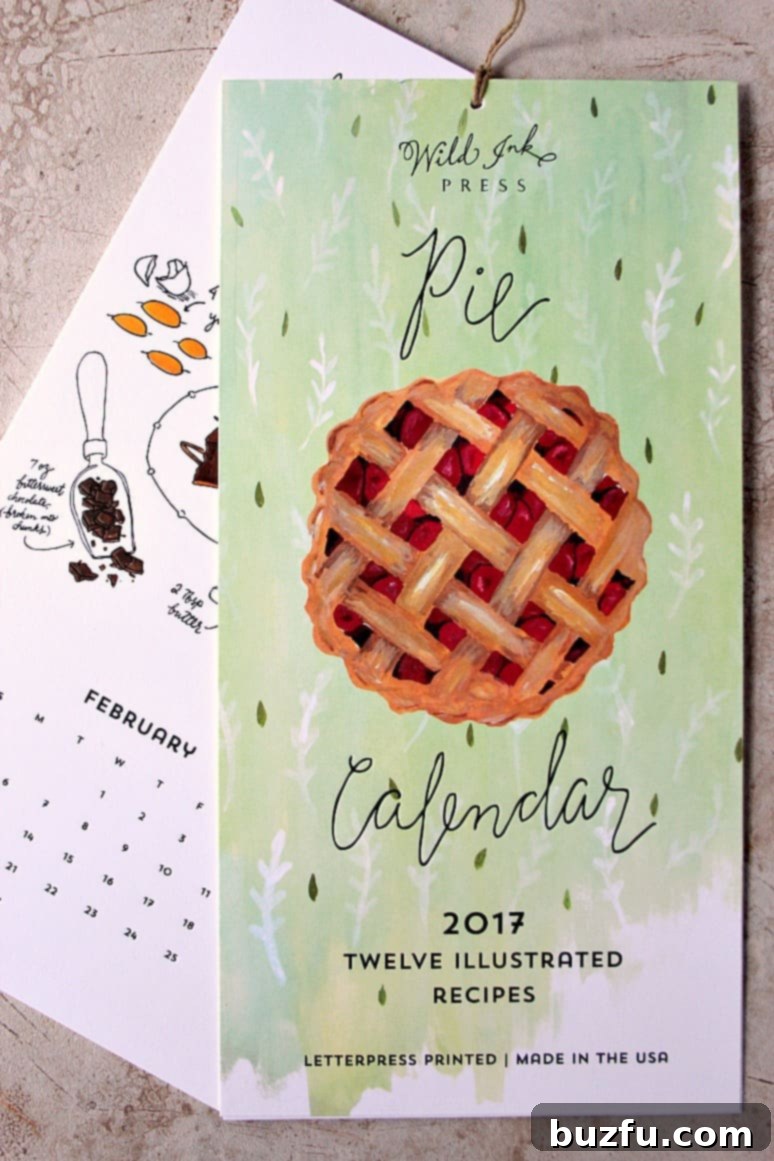 Letterpress printed pie calendar showcasing beautiful illustrations and a recipe.