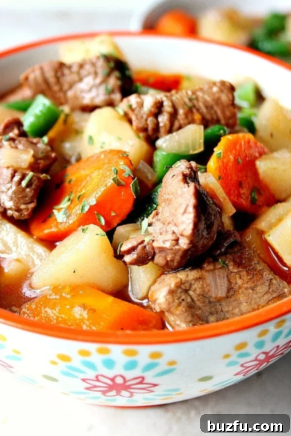 Close up shot of beef stew with carrots and potatoes in a soup bowl, perfectly illustrating its rich texture and inviting warmth.