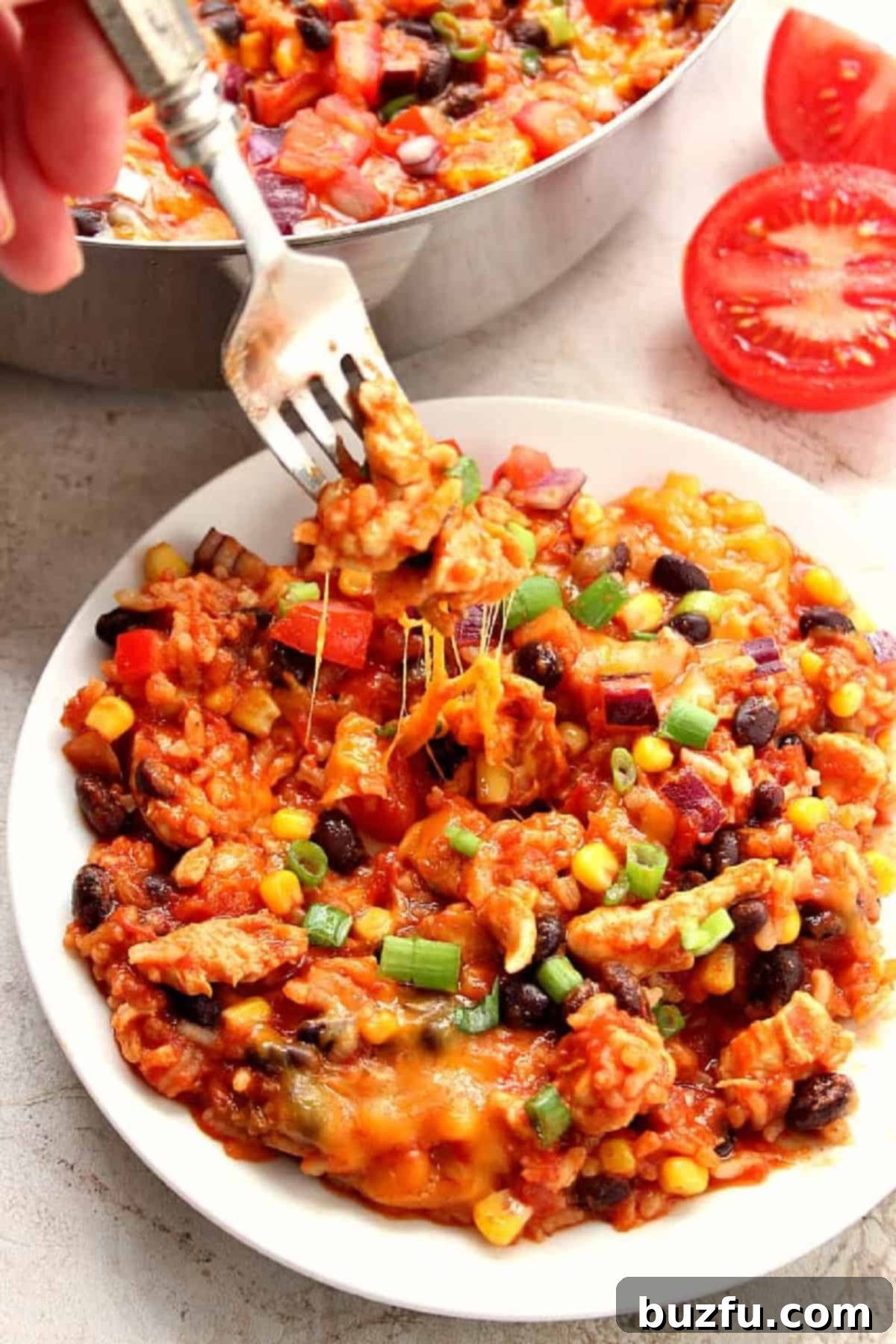 A generous serving of Mexican chicken and rice skillet on a white plate, adorned with fresh toppings and ready to be enjoyed with a spoon.