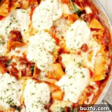 Overhead shot of lasagna in skillet.