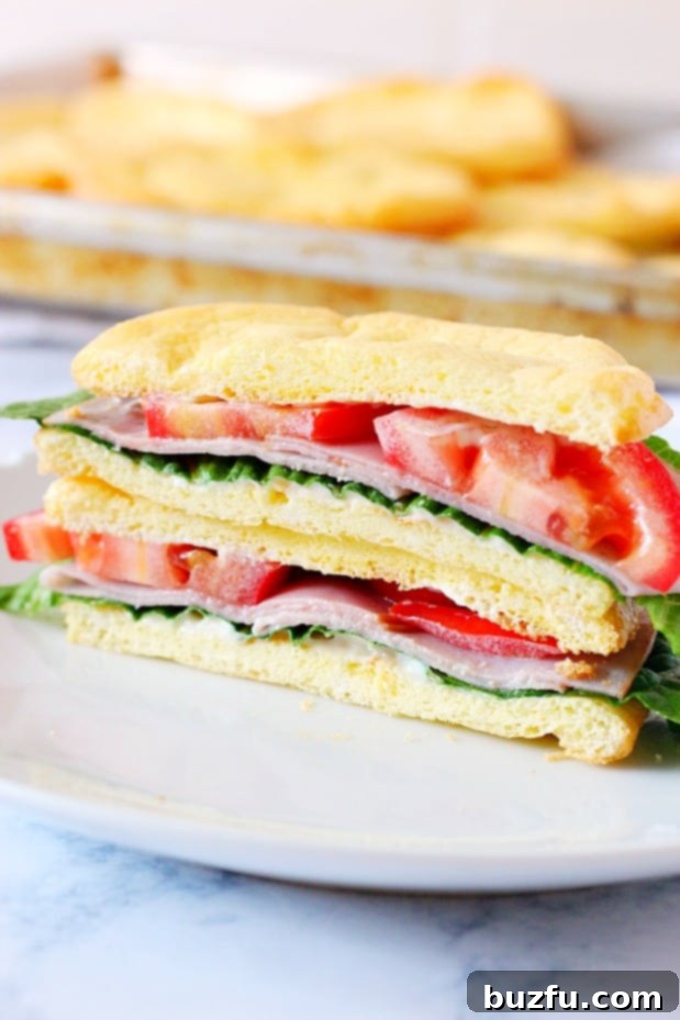 Cloud Bread Recipe - low-carb, high-protein, gluten-free substitute for bread, made with just 3 ingredients. Also called the oopsie bread. A savory cloud bread sandwich filled with fresh tomatoes, ham, and crisp lettuce, showcasing its versatility.