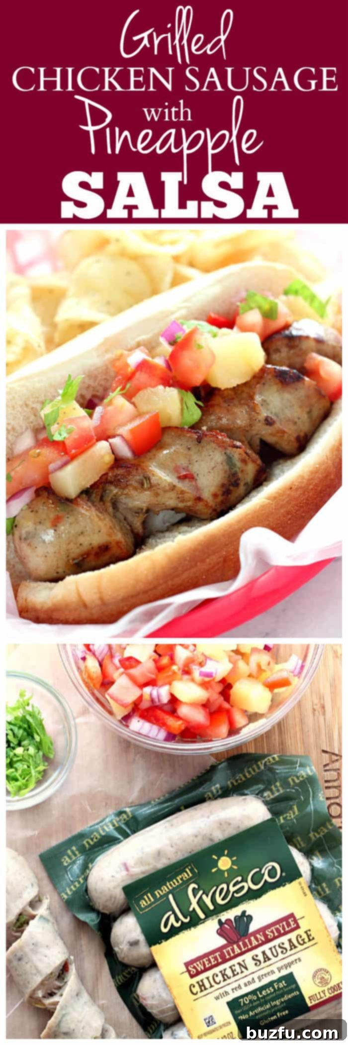 Beautifully plated grilled chicken sausage with pineapple salsa, ready to be enjoyed as a gourmet summer meal.