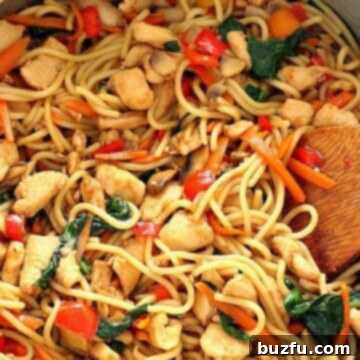 Simple Homemade Chicken Lo Mein 3 Chicken, veggies and noodles in a skillet, coated in a rich teriyaki sauce.