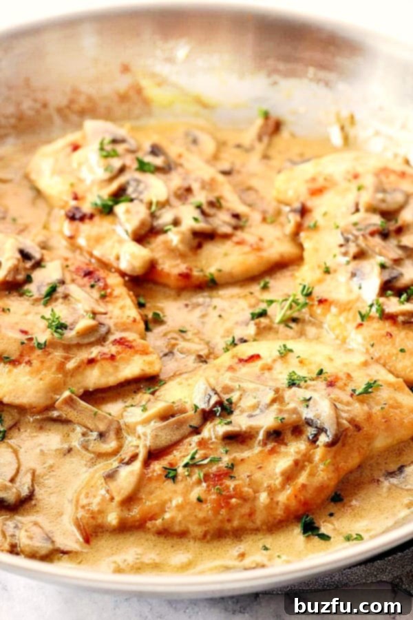 Creamy Mushroom Garlic Chicken cutlets in a pan with sauce, garnished with fresh parsley.