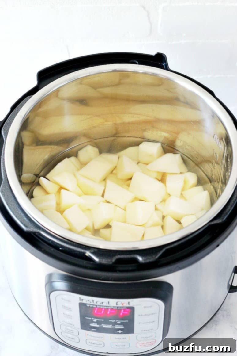 Side shot of potato chinks in water, in the Instant Pot.