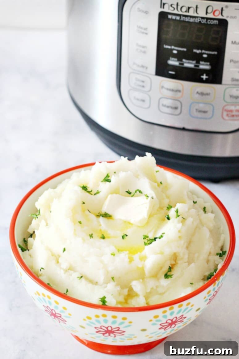 Side shot of mashed potatoes in bowl, next to Instant Pot.