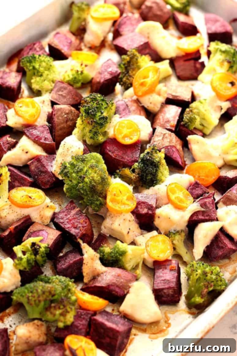 Sheet Pan Chicken with Kumquats and Purple Potatoes - bright, colorful and fresh dinner idea. Purple potatoes, broccoli and kumquats make for a bursting mix of flavors!