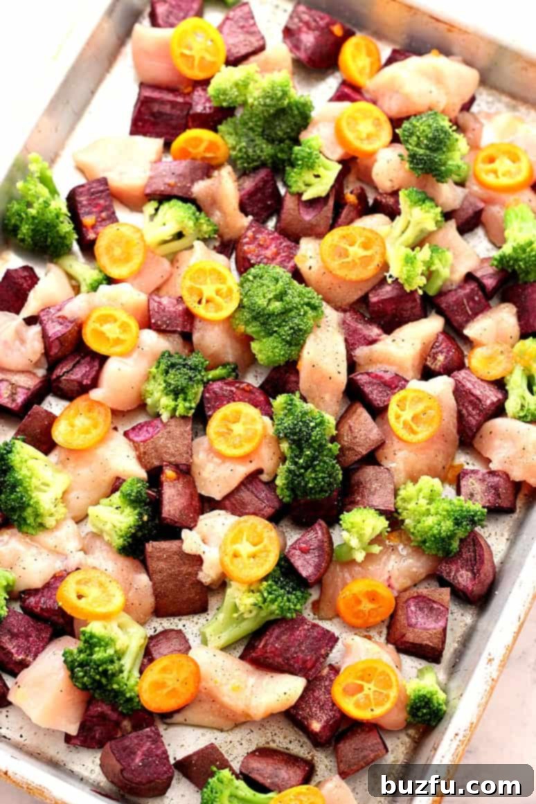 Sheet Pan Chicken with Kumquats and Purple Potatoes - bright, colorful and fresh dinner idea. Purple potatoes, broccoli and kumquats make for a bursting mix of flavors!