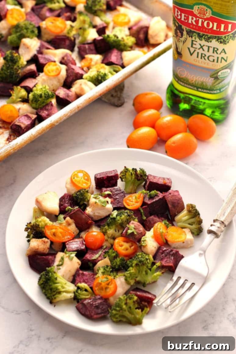 Sheet Pan Chicken with Kumquats and Purple Potatoes - bright, colorful and fresh dinner idea. Purple potatoes, broccoli and kumquats make for a bursting mix of flavors!