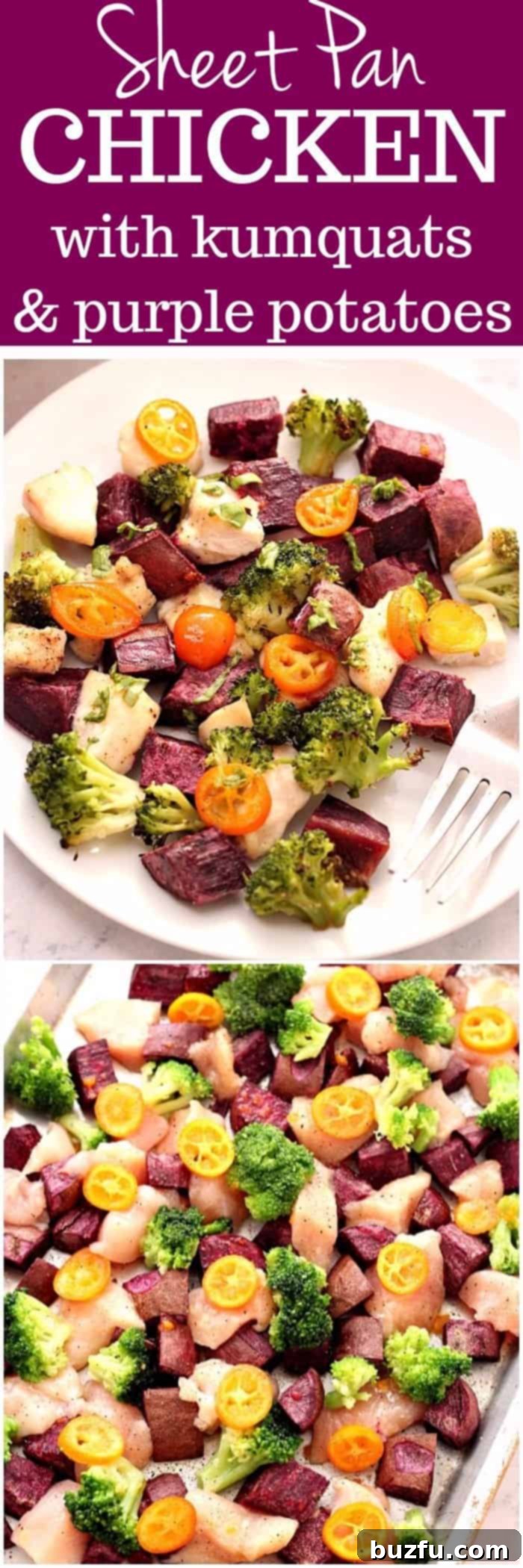 Sheet Pan Chicken with Kumquats and Purple Potatoes - bright, colorful and fresh dinner idea. Purple potatoes, broccoli and kumquats make for a bursting mix of flavors!