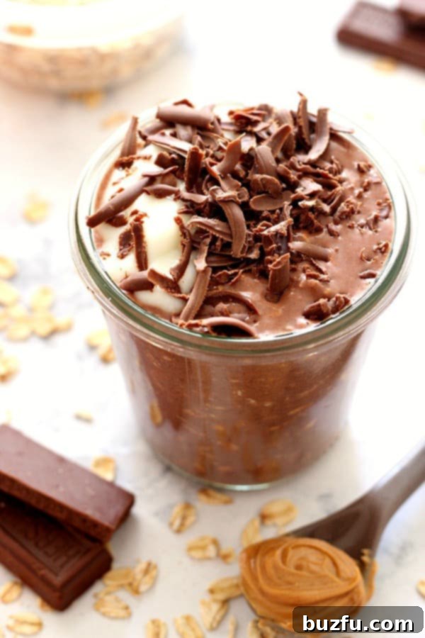 A jar of delicious Chocolate Peanut Butter Overnight Oats, ready to enjoy.